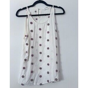 Boho Polka Dot Tank Top Womens Large Cream Sleeveless Flowy Pom Pom blouse